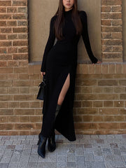 Slit Pleated Long Sleeve Modern Bodycon Mock Neck Long Dress Dresses