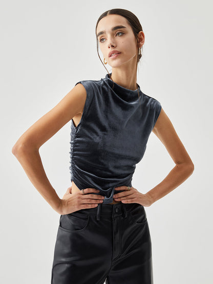 Velvet Draped Mock Trendy Neck Sleeveless Crop Top