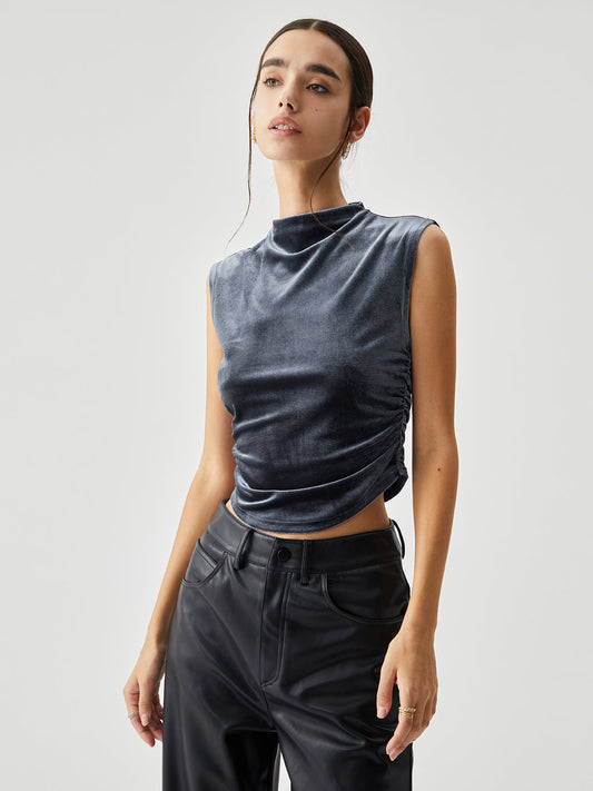 Velvet Draped Mock Trendy Neck Sleeveless Crop Top