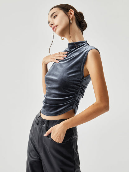 Velvet Draped Mock Trendy Neck Sleeveless Crop Top