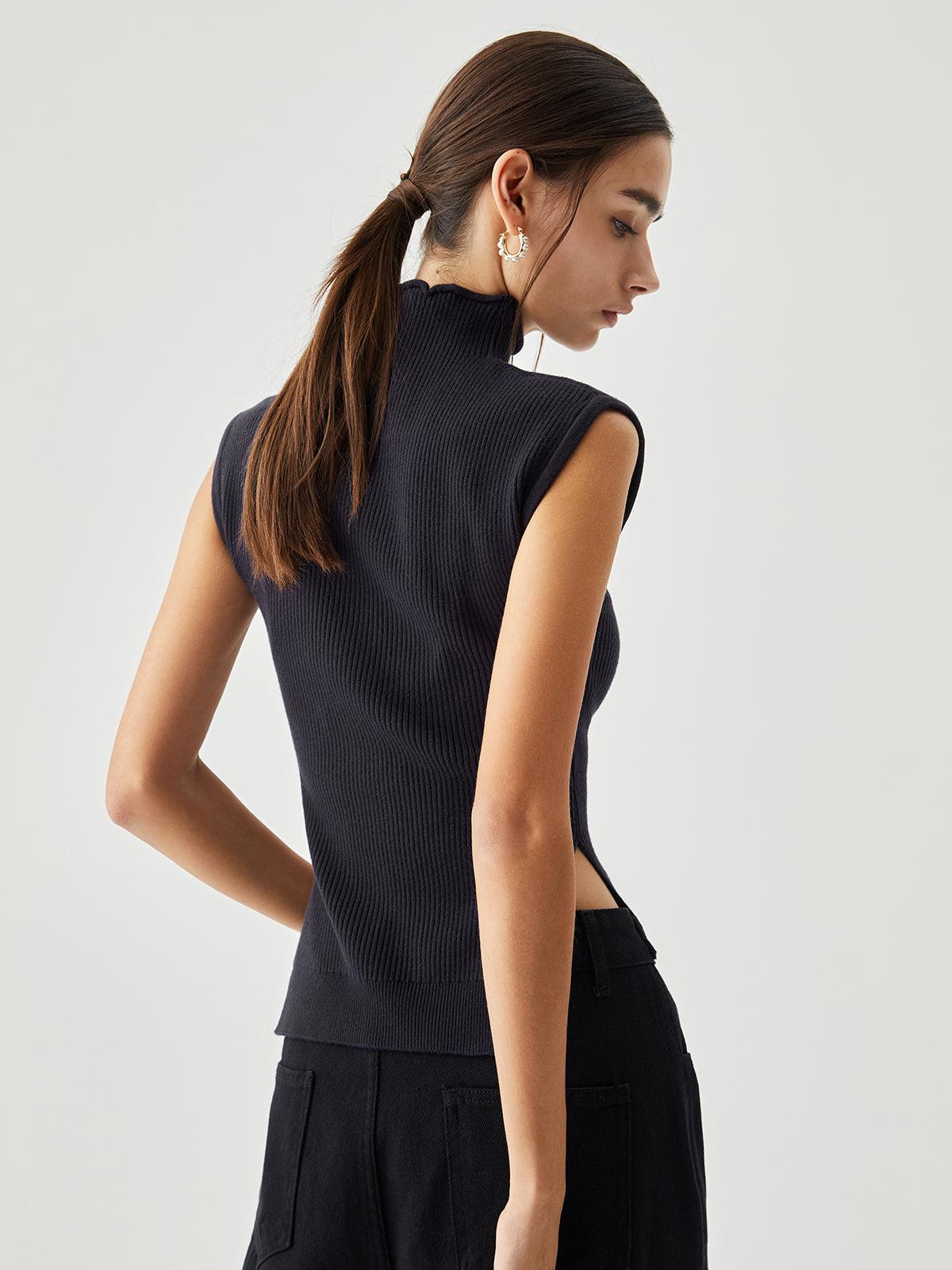 Sleeveless Mock Neck Trendy Slit Ribbed Knit Sweater Sweaters L