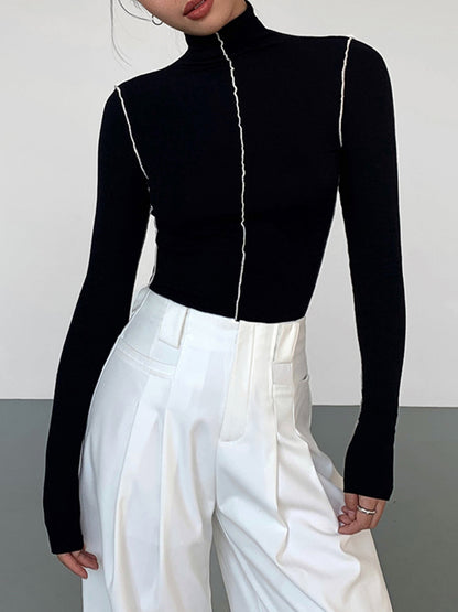 Slinky Turtleneck Contrast Trendy Trim Ribbed Knit Shirt