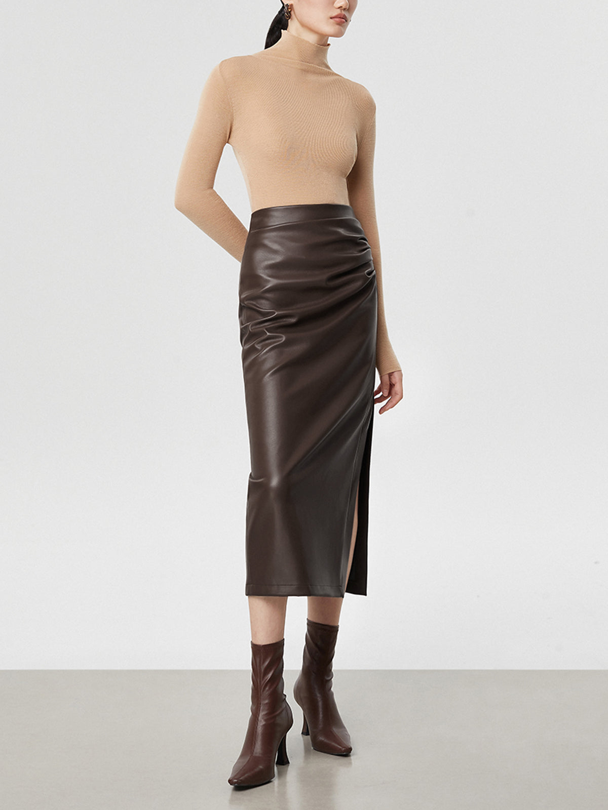 Faux Leather Ruched Trendy Slit Midi Skirt