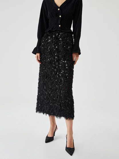 Sequin Feather Graceful Split Long Skirt