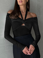 Cut Out Knotted Trendy Long Sleeve Halter Shirt Black / S T Shirts