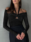 Cut Out Knotted Trendy Long Sleeve Halter Shirt Black / S T Shirts