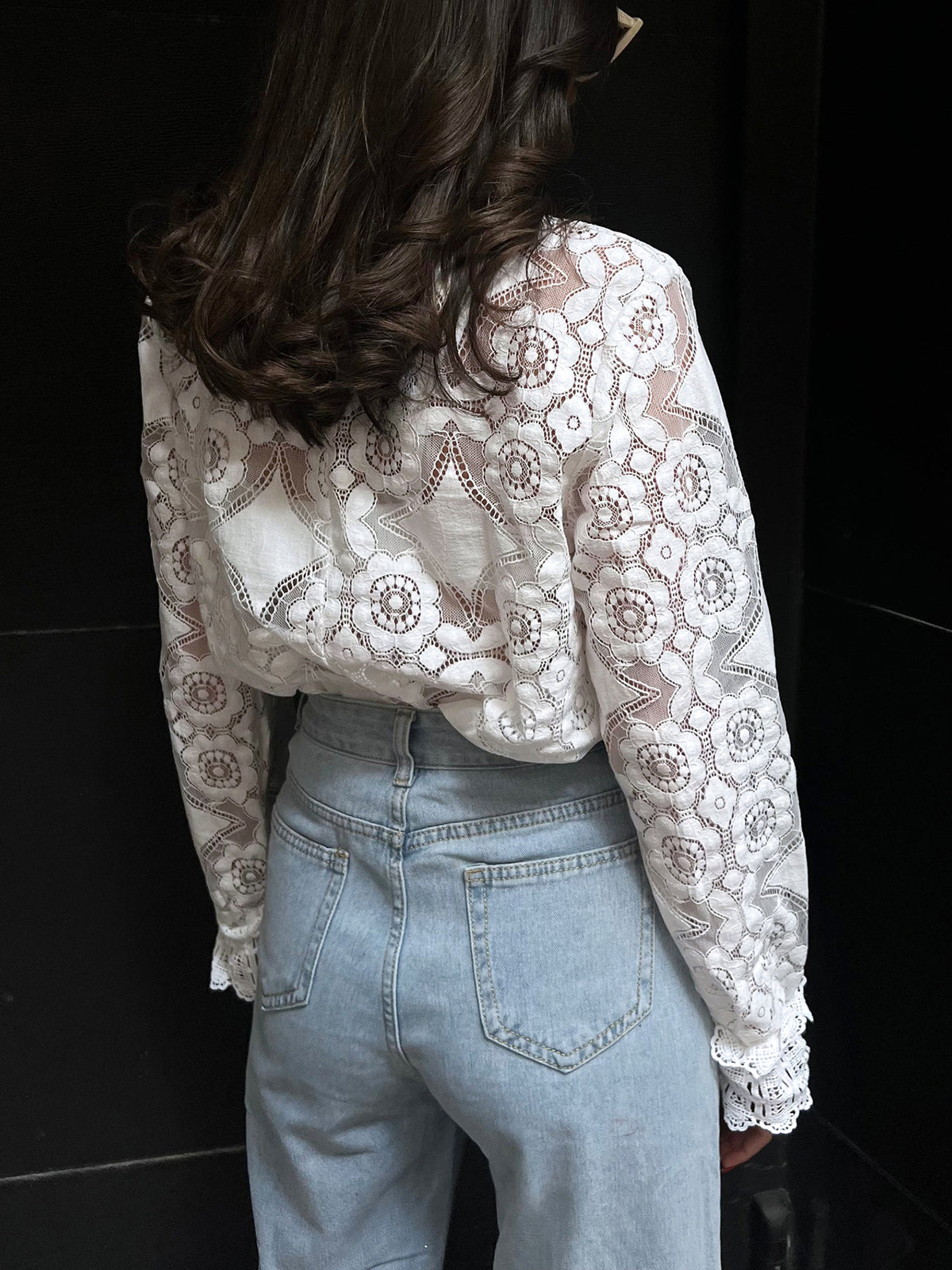 Lace Embroidery Floral Trendy Mock Neck Blouse