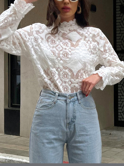 Lace Embroidery Floral Trendy Mock Neck Blouse