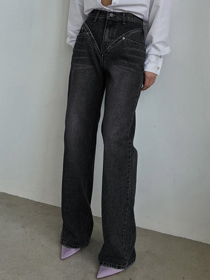 Vintage Wash Denim Trendy Straight Leg Jeans