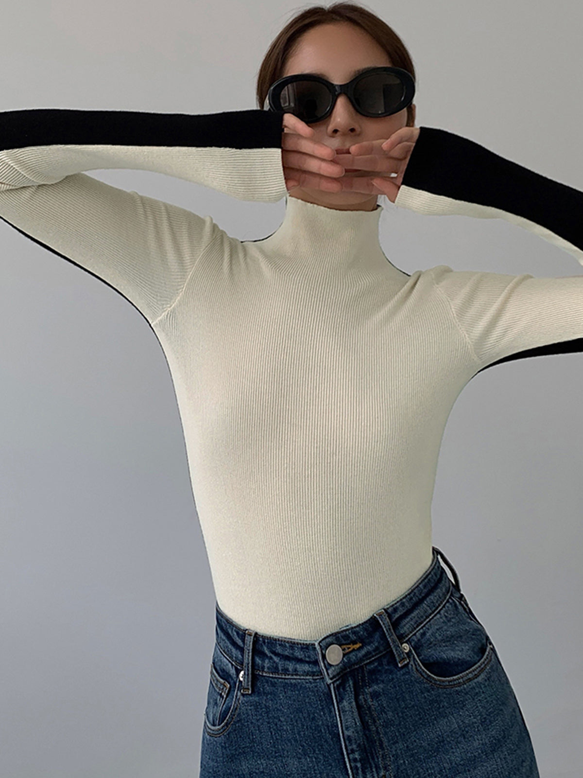 Two Tone Double Sided Modern Long Sleeve Knit Top Sweaters L