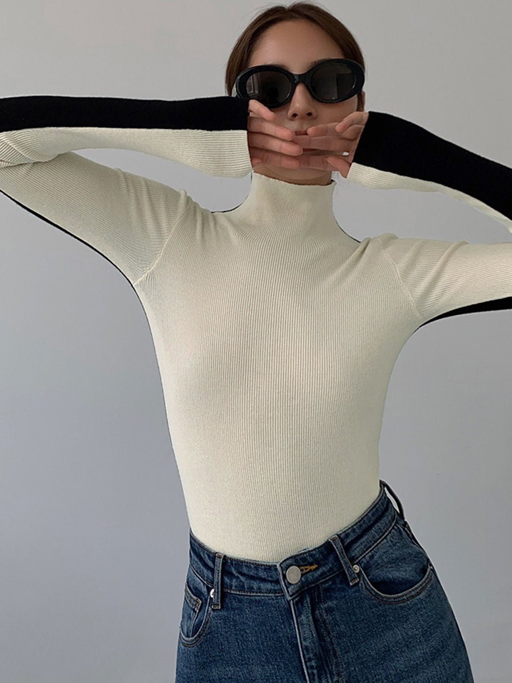 Two Tone Double Sided Modern Long Sleeve Knit Top Sweaters L