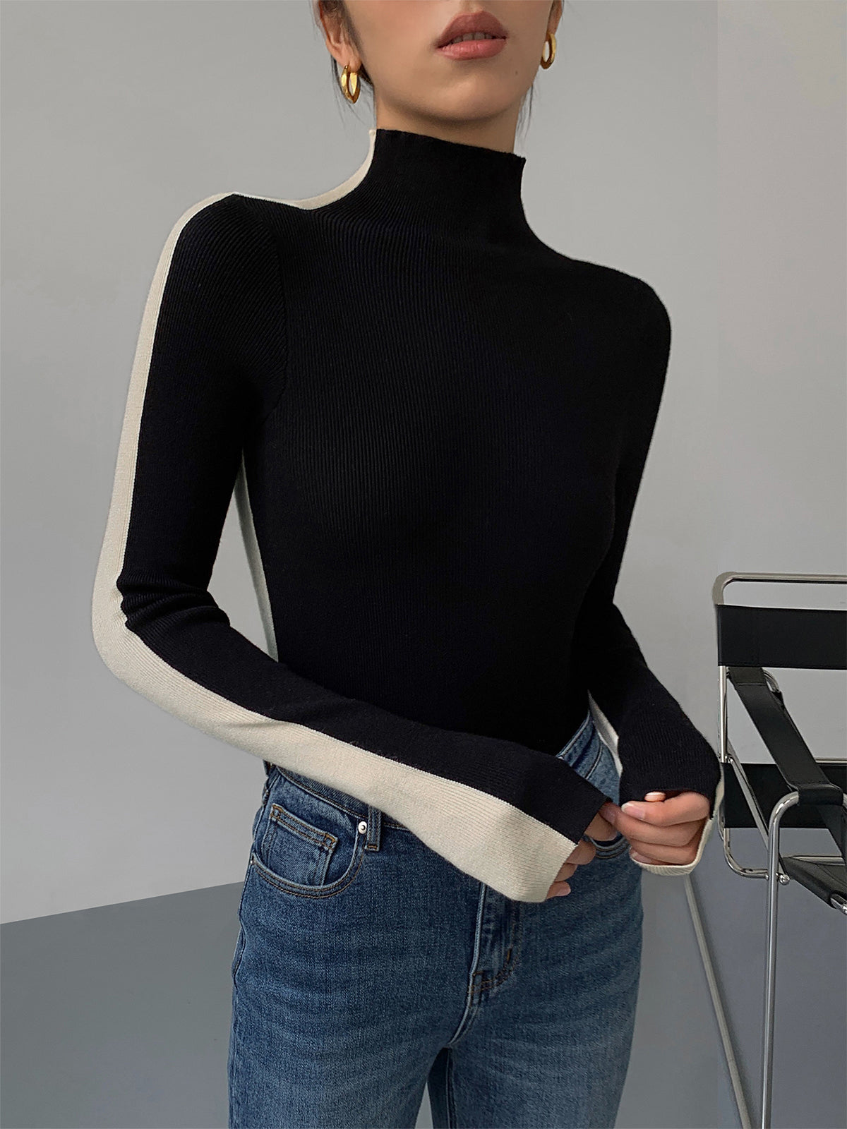 Two Tone Double Sided Modern Long Sleeve Knit Top Black / XS Sweaters L Main image