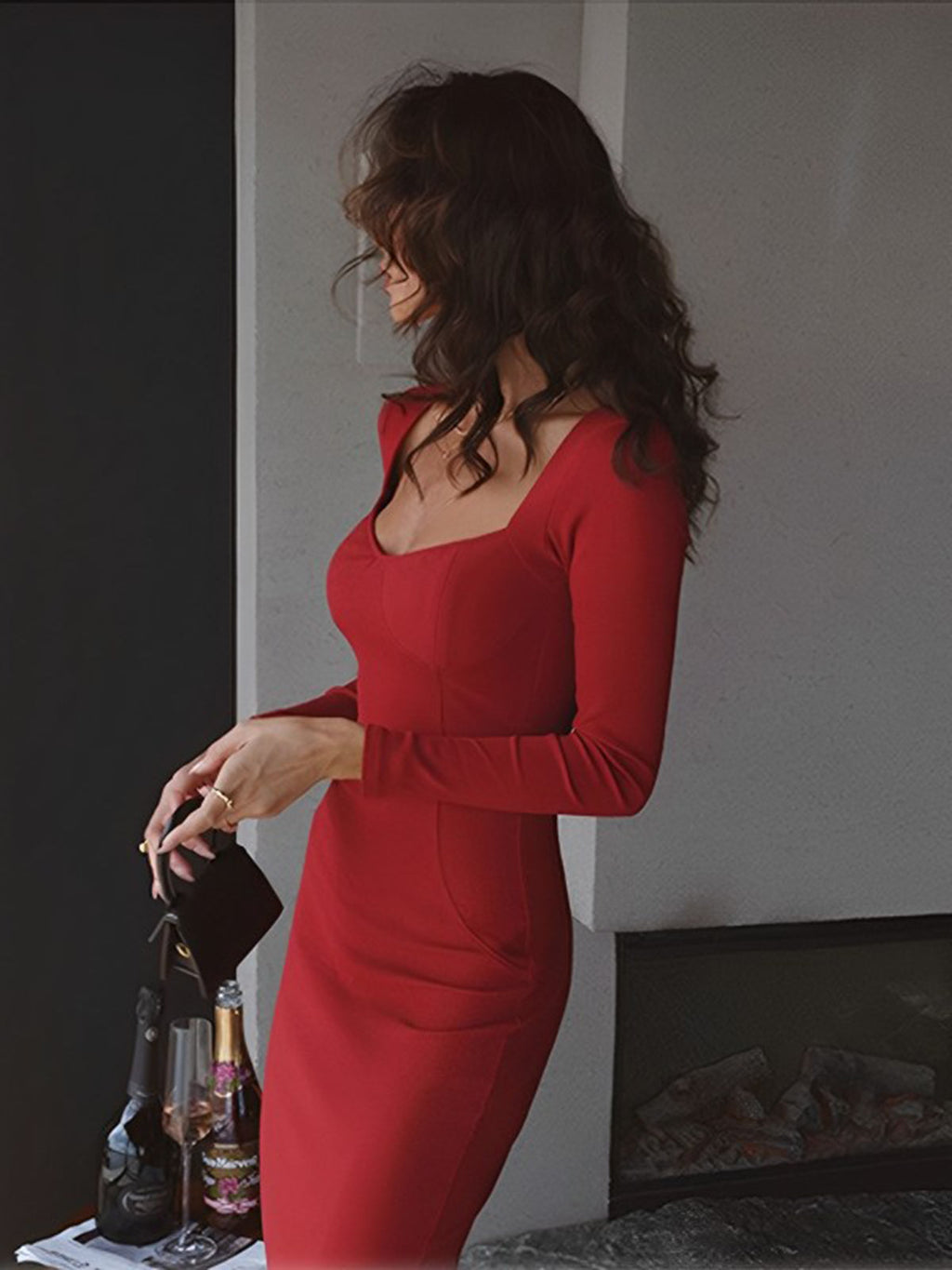 Bodycon Low Cut Square Modern Neck Long Sleeve Midi Dress Dresses