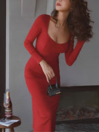 Bodycon Low Cut Square Modern Neck Long Sleeve Midi Dress Dresses