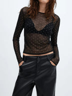 Semi sheer Sequined Polka Dot Modern Long Sleeve Mesh Shirt Black / XS T Shirts