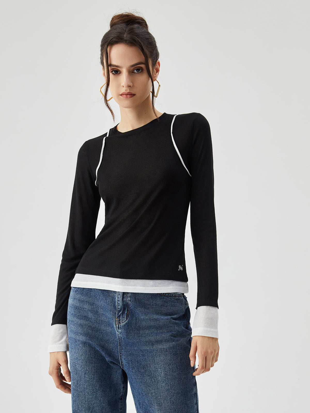 Semi-sheer Contrast Trim Patchwork Modern Long Sleeve Knit Top