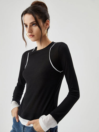 Semi-sheer Contrast Trim Patchwork Modern Long Sleeve Knit Top