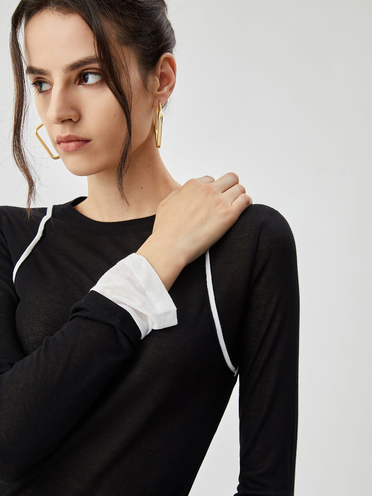 Semi sheer Contrast Trim Patchwork Modern Long Sleeve Knit Top T Shirts