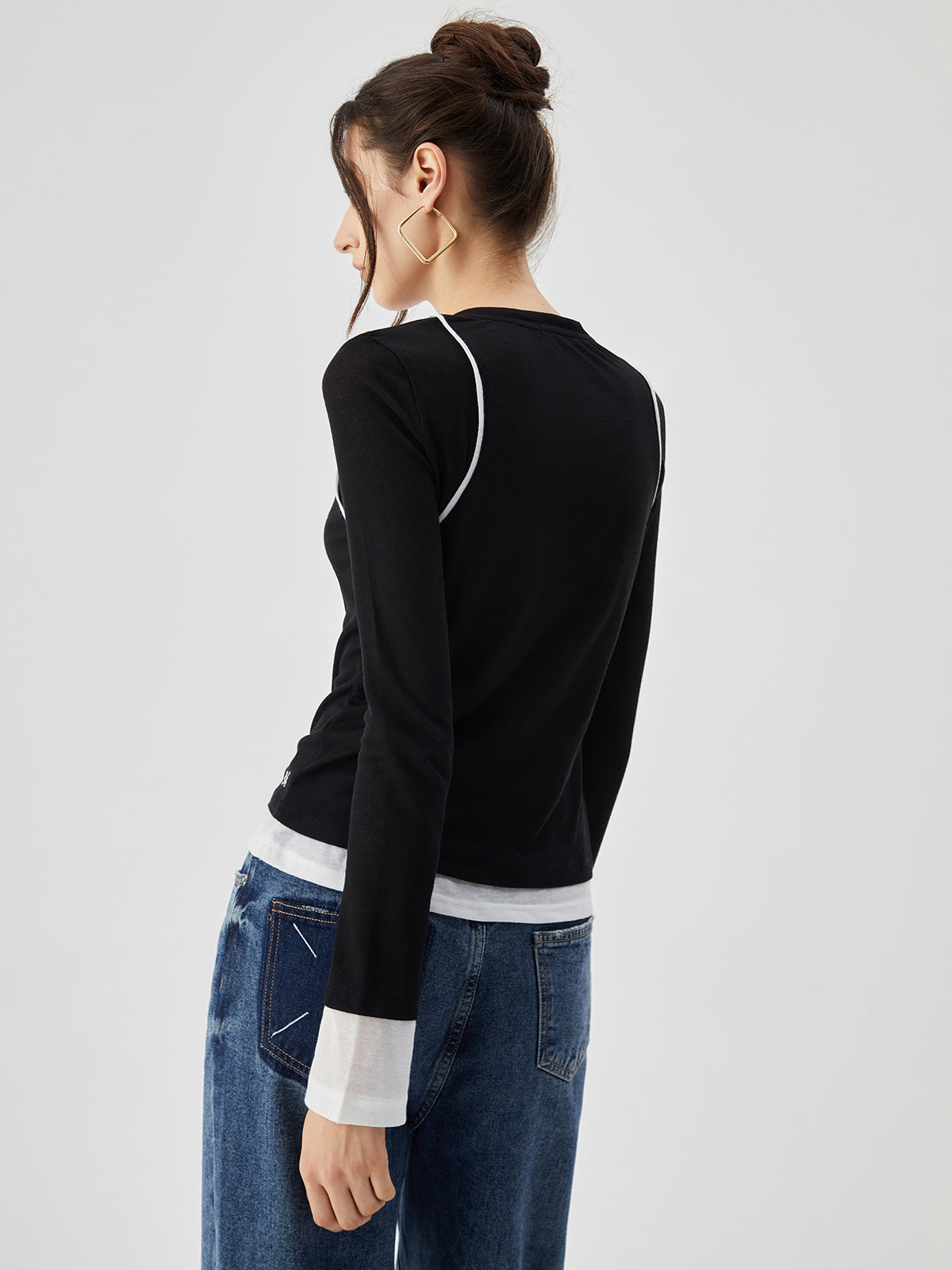 Semi-sheer Contrast Trim Patchwork Modern Long Sleeve Knit Top