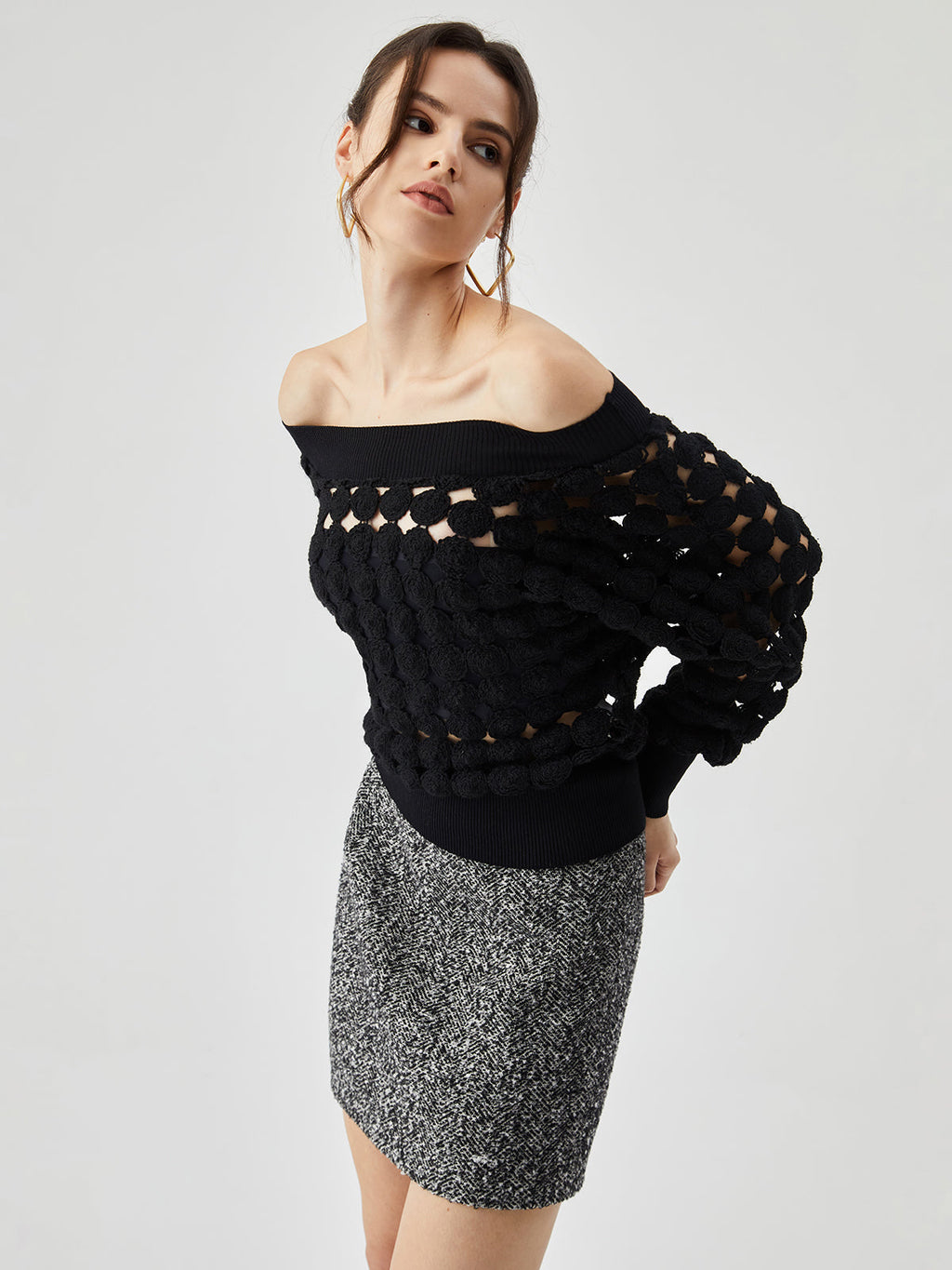 Crocheted Circle Hollow Trendy Off Shoulder Blouse Blouses