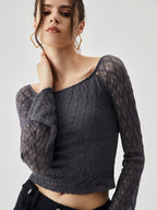 Semi sheer Boat Neck Trendy Mesh Crop Top T Shirts
