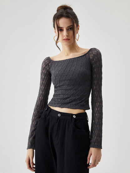 Semi-sheer Boat Neck Trendy Mesh Crop Top