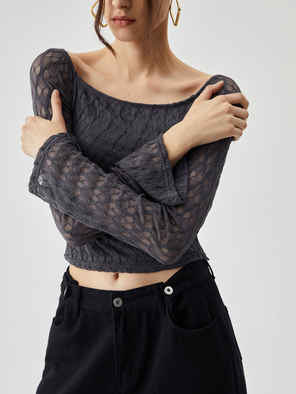 Semi sheer Boat Neck Trendy Mesh Crop Top T Shirts