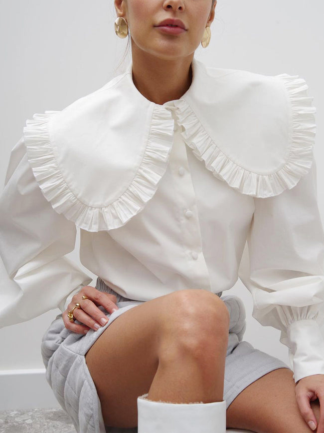 Ruffled Collar Graceful Long Sleeve Shirt White / XS Shirts Main image