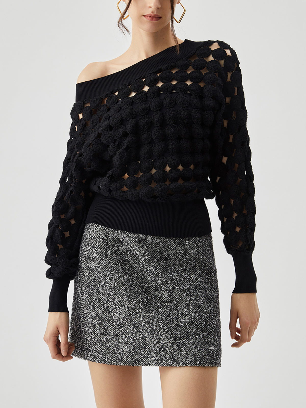 Crocheted Circle Hollow Trendy Off Shoulder Blouse Blouses
