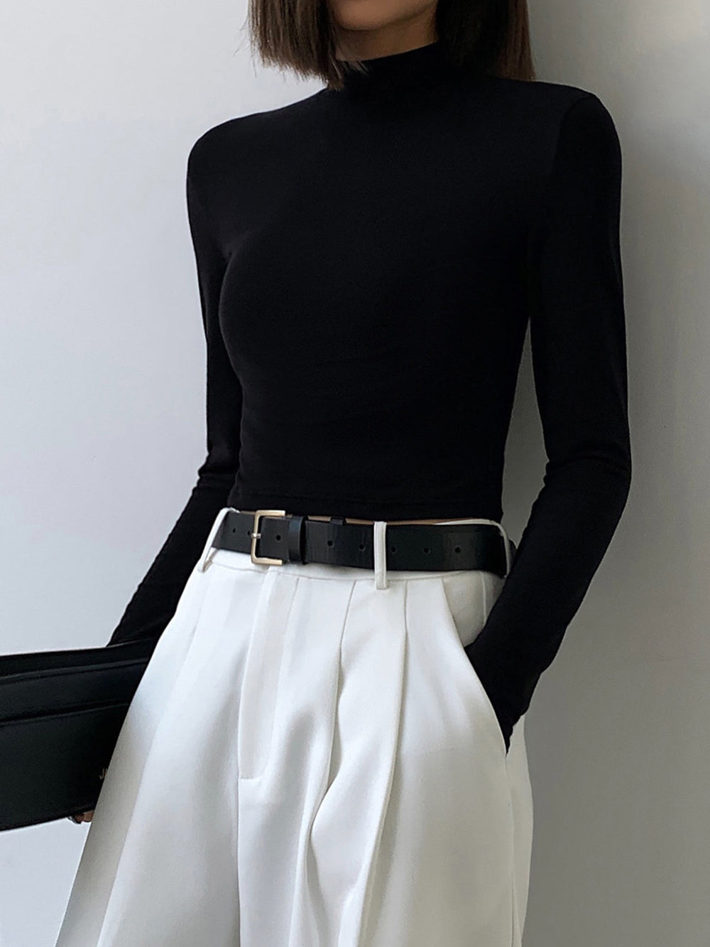 Solid Mock Neck Trendy Long Sleeve Crop Top T Shirts
