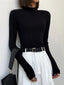 Solid Mock Neck Trendy Long Sleeve Crop Top Black / XS T Shirts