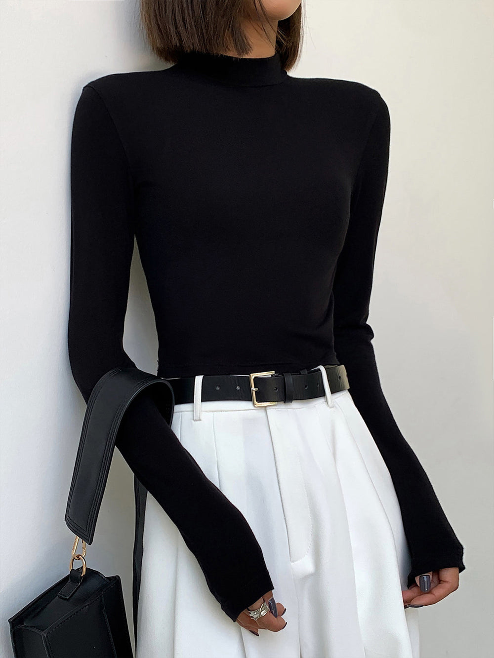 Solid Mock Neck Trendy Long Sleeve Crop Top Black / XS T Shirts