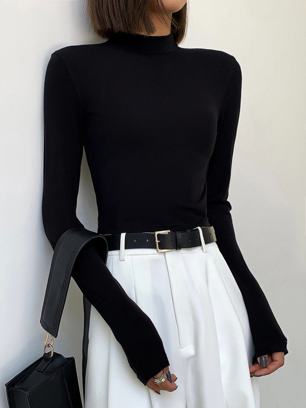 Solid Mock Neck Trendy Long Sleeve Crop Top Black / XS T Shirts