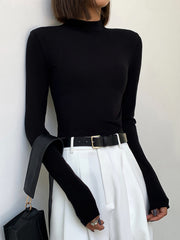 Solid Mock Neck Trendy Long Sleeve Crop Top Black / XS T Shirts