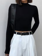Solid Mock Neck Trendy Long Sleeve Crop Top T Shirts