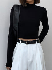 Solid Mock Neck Trendy Long Sleeve Crop Top T Shirts