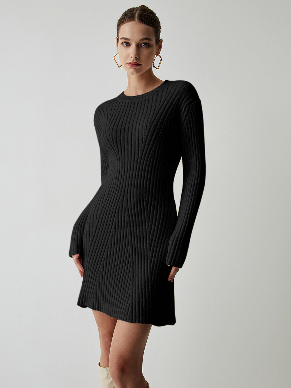 Cream Rib Long Trendy Sleeve Short Sweater Dress Black / XS Sweaters L