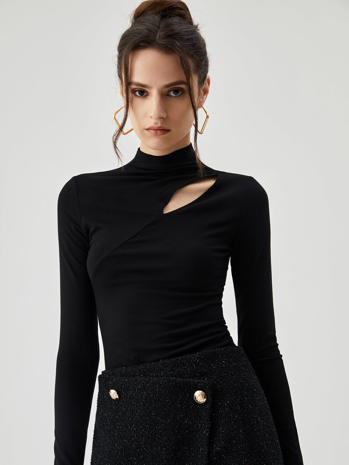 Solid Mock Neck Long Modern Sleeve Cut Out Shirt