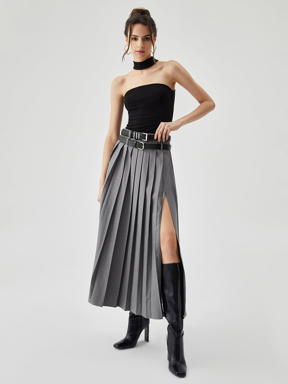 Pleated Split Maxi Trendy Skirt Without Belt