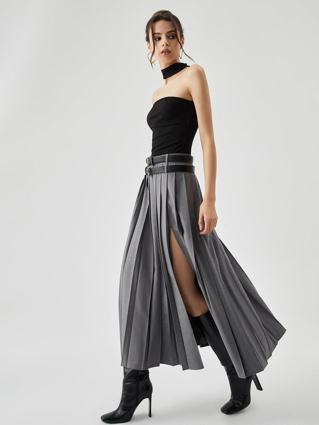 Pleated Split Maxi Trendy Skirt Without Belt Grey / XS Skirts Main image