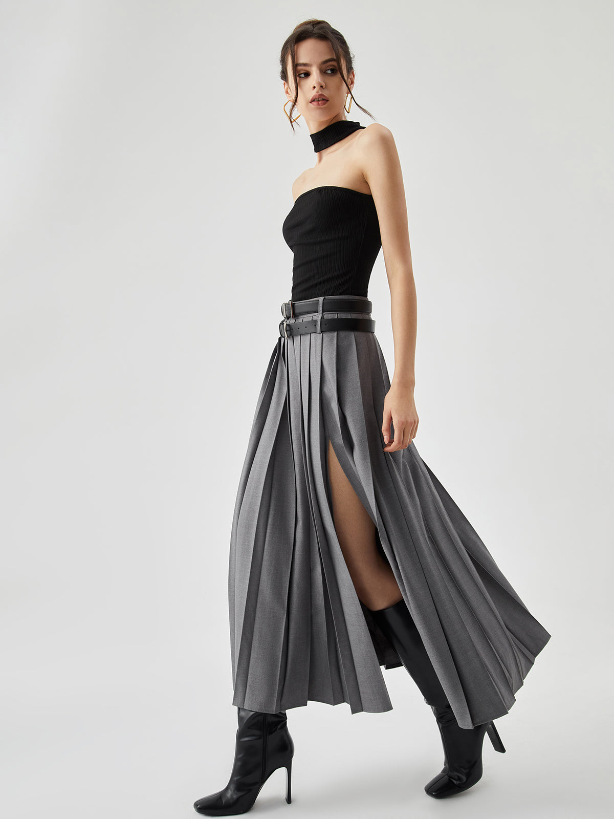 Pleated Split Maxi Trendy Skirt Without Belt