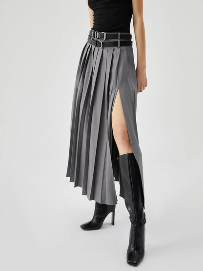 Pleated Split Maxi Trendy Skirt Without Belt