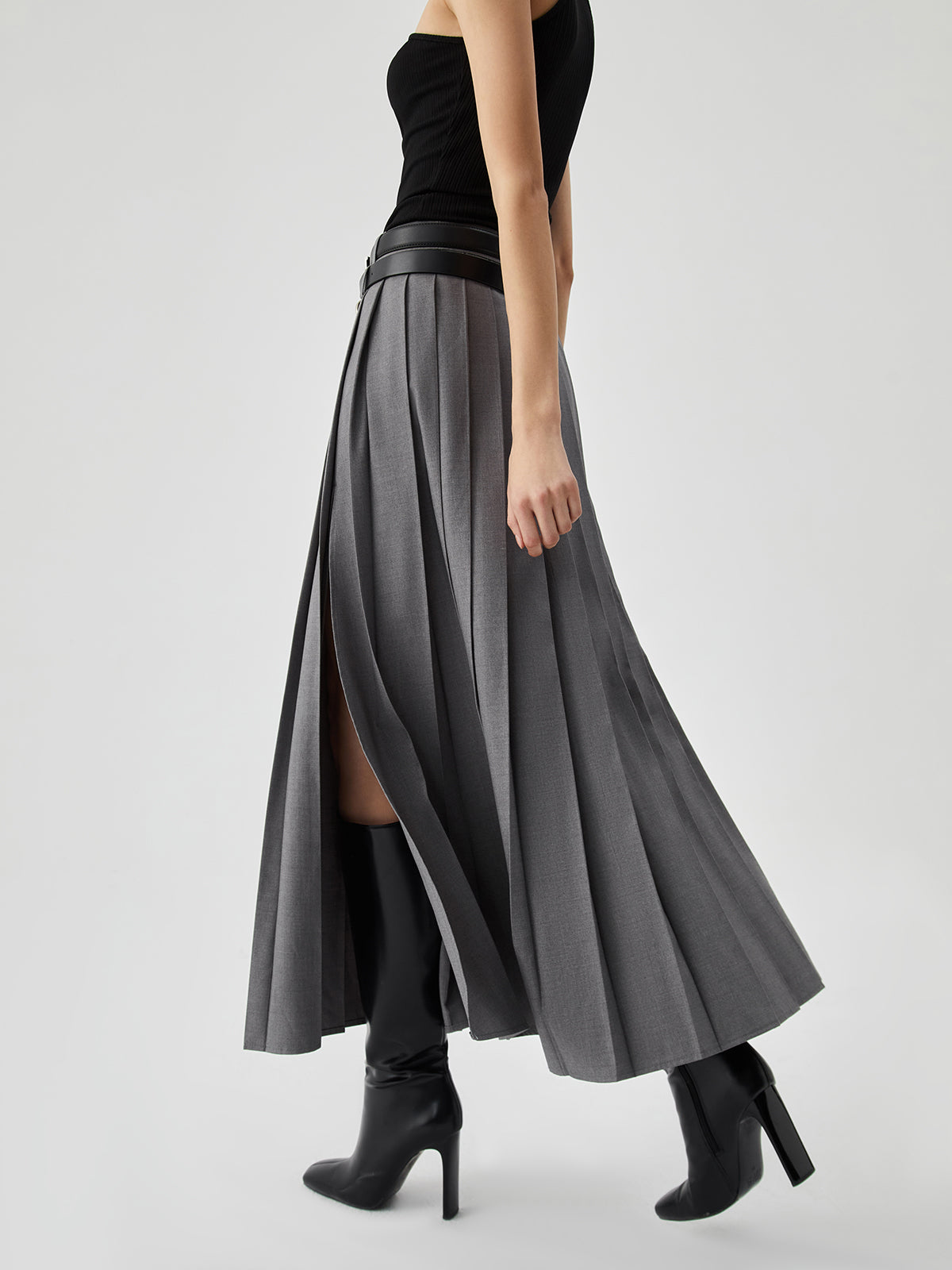 Pleated Split Maxi Trendy Skirt Without Belt