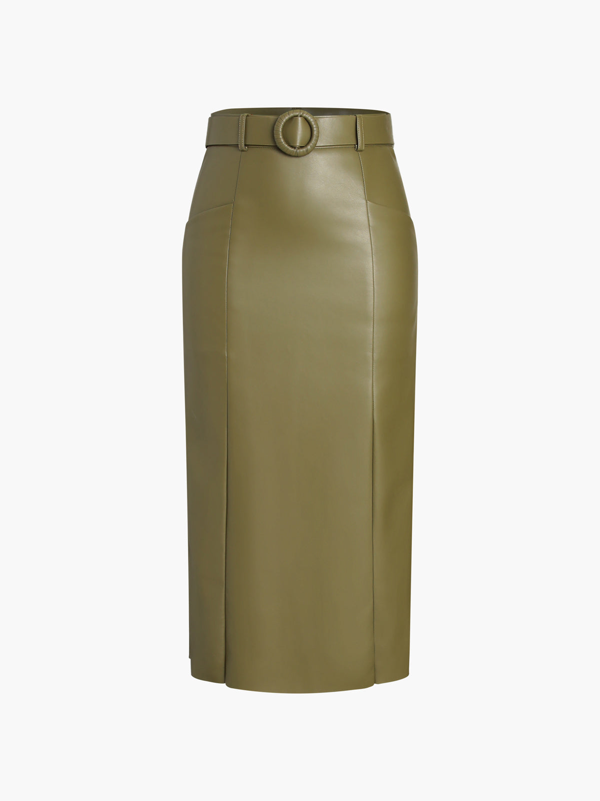 Faux Leather Belted Trendy Split Midi Skirt