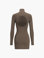 Turtleneck Open Back Trendy Long Sleeve Short Dress Brown / XS Dresses