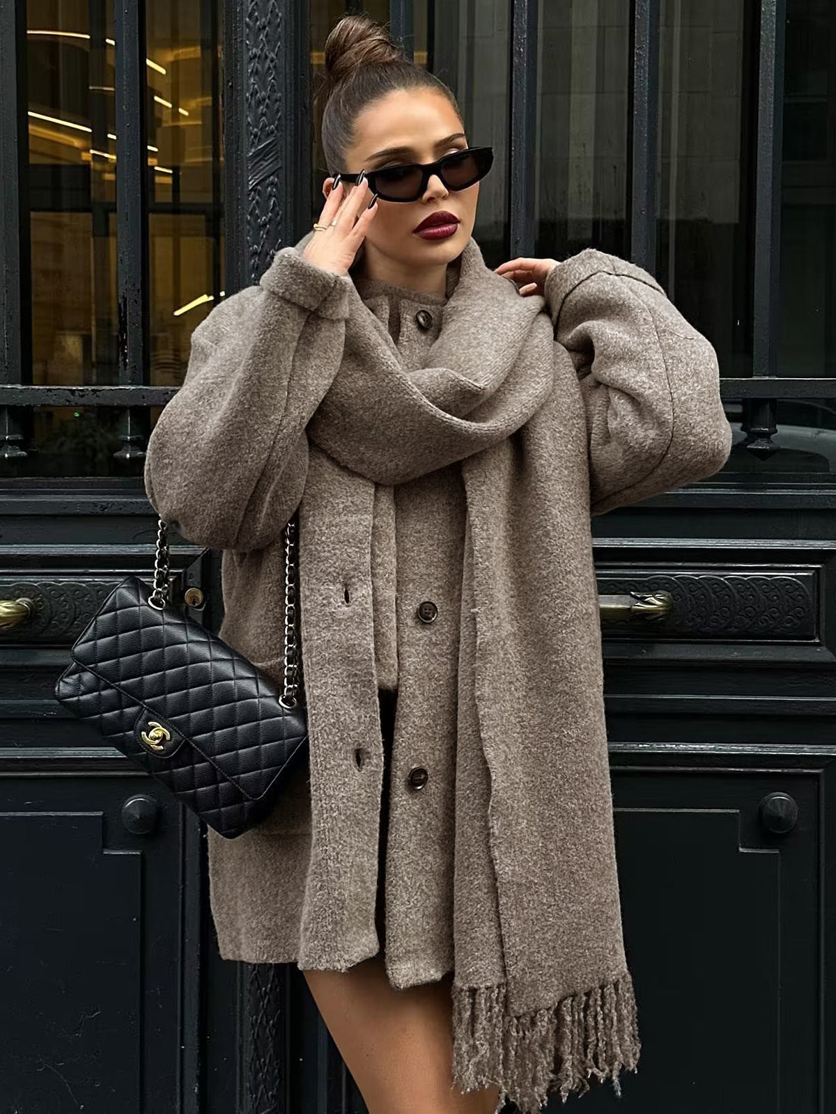 Button Down Pocket Coat Modern with Matching Tassel Scarf Khaki / S Sweaters L Main image