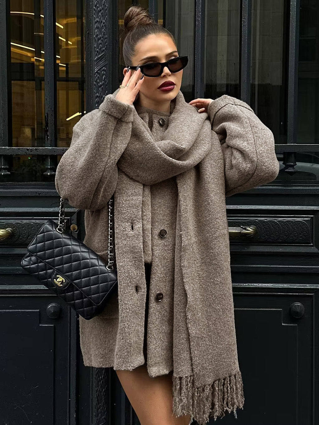 Button Down Pocket Coat Modern with Matching Tassel Scarf Khaki / S Sweaters L
