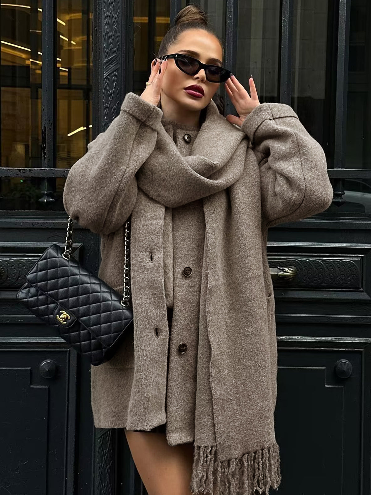 Button Down Pocket Coat Modern with Matching Tassel Scarf Secondary image