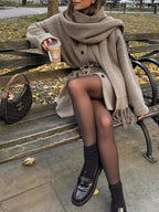 Button Down Pocket Coat Modern with Matching Tassel Scarf Sweaters L