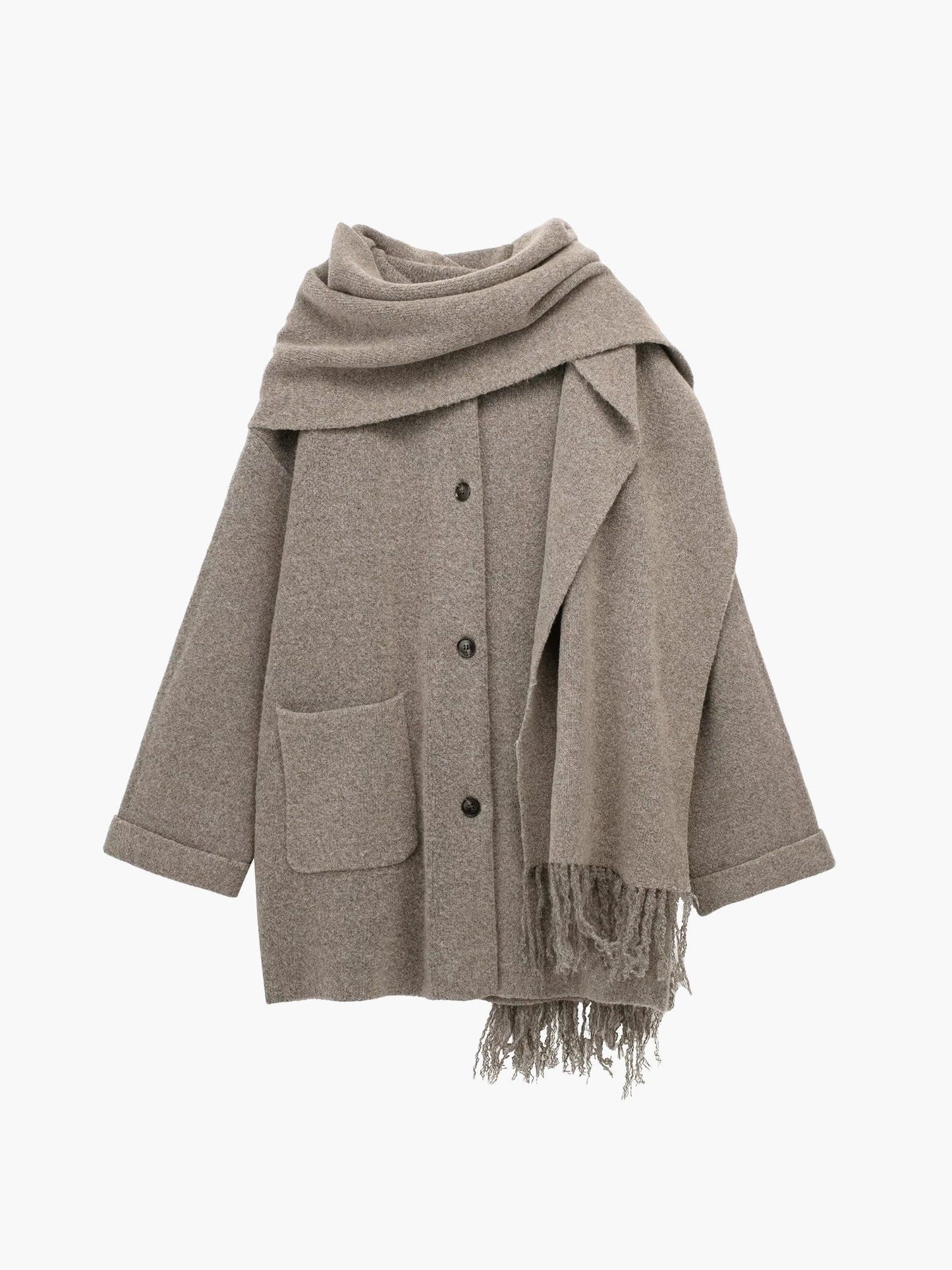 Button Down Pocket Coat Modern with Matching Tassel Scarf